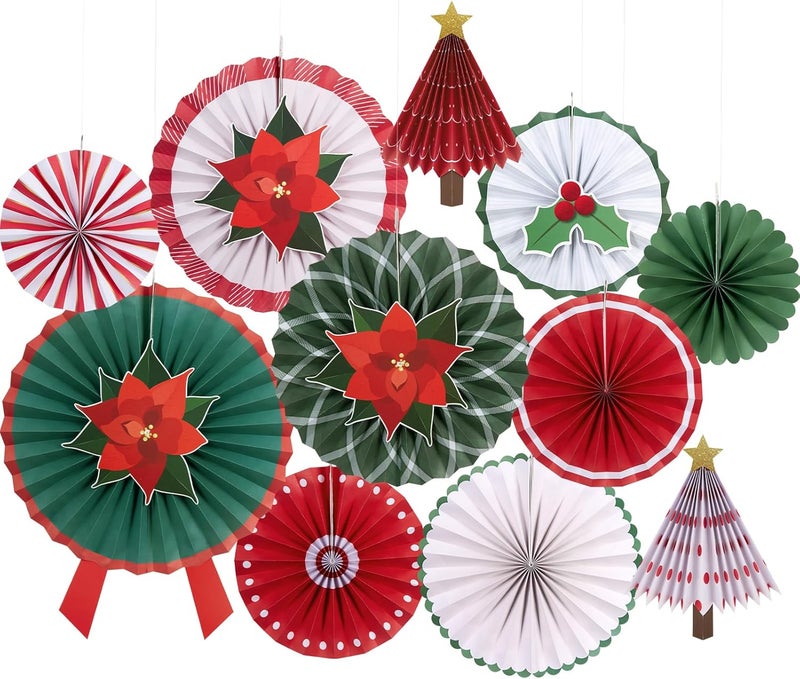 paper jazz 15cs Christmas Hanging Paper Fans with Poinsettia Christmas Paper Tree,Vintage Christmas Red Green White Wall Decorations for Xmas,New Year,Winter Party,Holiday Party. - Image 1